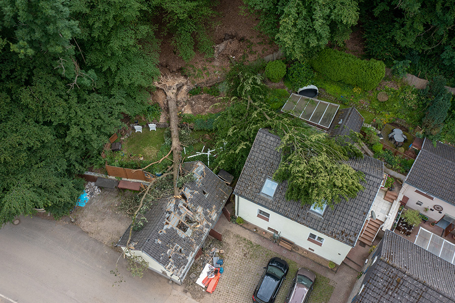 Unwetterschaden - Umgestürzte Bäume auf Dächern